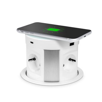 Stikkolonne til bordplade med trådløs opladning 4x230V + 2xUSB-A + 2xUSB-C hvid