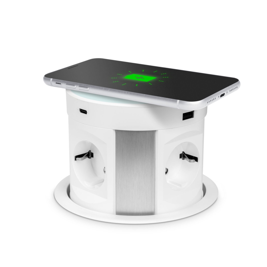 Stikkolonne til bordplade med trådløs opladning 4x230V + 2xUSB-A + 2xUSB-C hvid