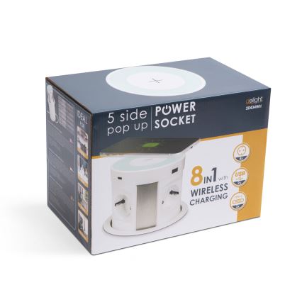 Stikkolonne til bordplade med trådløs opladning 4x230V + 2xUSB-A + 2xUSB-C hvid