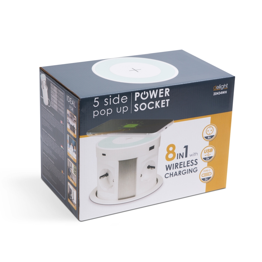 Stikkolonne til bordplade med trådløs opladning 4x230V + 2xUSB-A + 2xUSB-C hvid
