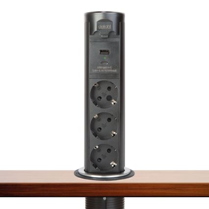 Stiksøjle til bordplade med 3 x 230 V, USB-A og USB-C, sort