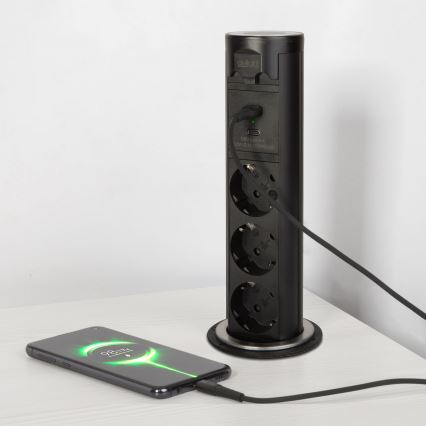 Stiksøjle til bordplade med 3 x 230 V, USB-A og USB-C, sort