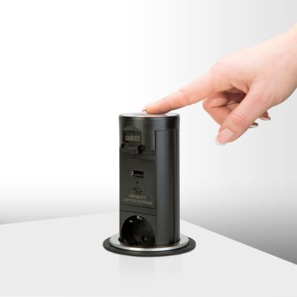 Stiksøjle til bordplade med 3 x 230 V, USB-A og USB-C, sort