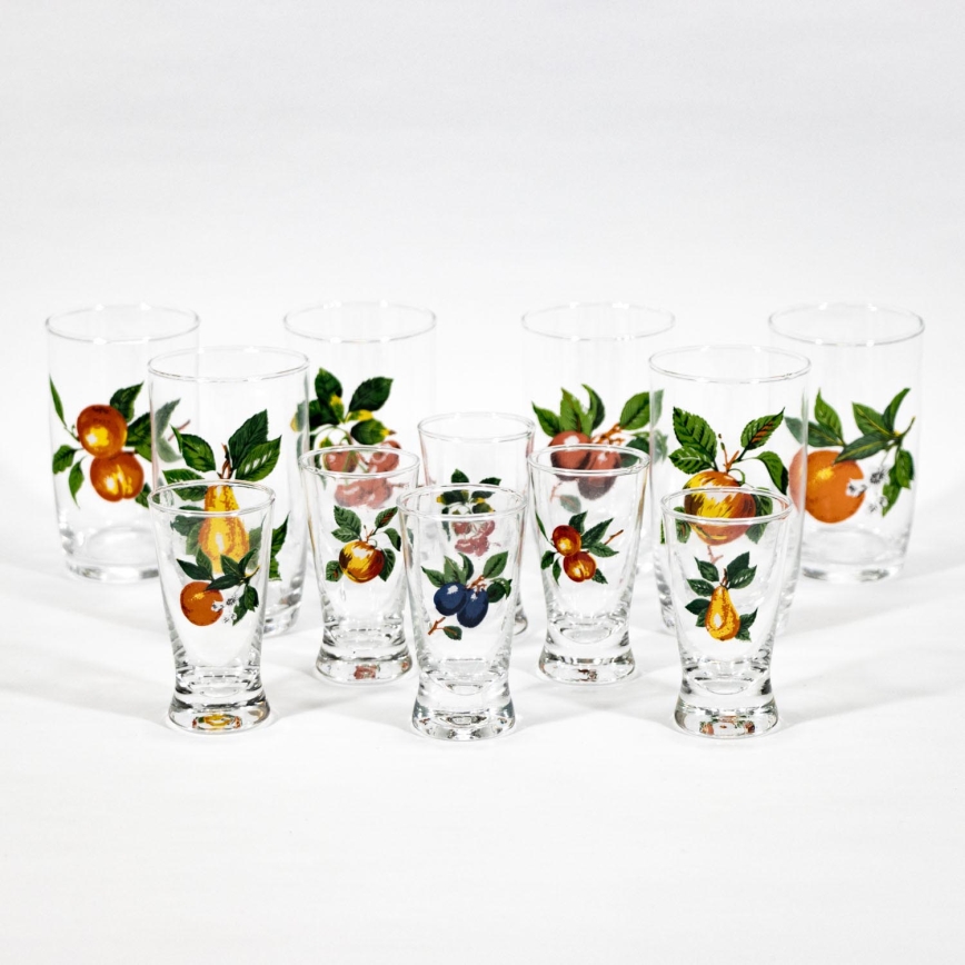 Store glas 6 stk. og små glas 6 stk. til shots transparent med frugtmotiver