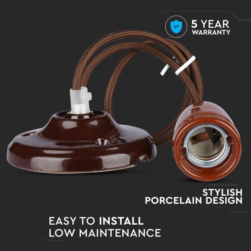 Strømkabel 1xE27/60W/230V brun/porcelæn