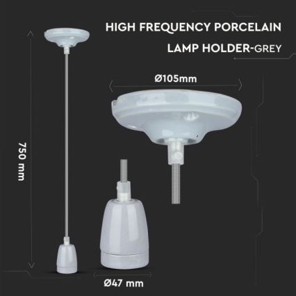 Strømkabel 1xE27/60W/230V grå/porcelæn