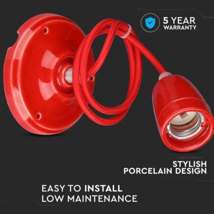 Strømkabel 1xE27/60W/230V rød/porcelæn