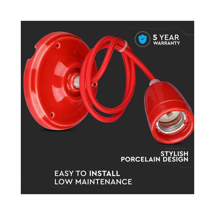 Strømkabel 1xE27/60W/230V rød/porcelæn