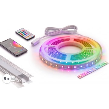 Sæt 1x dæmpbar LED RGBW-stribe NEO LITE MUSIC LED/24W/230V 5 m IP65 Wi‑Fi Tuya + 5x indbygningsprofil 1 m sølv/hvid + fjernbetjening
