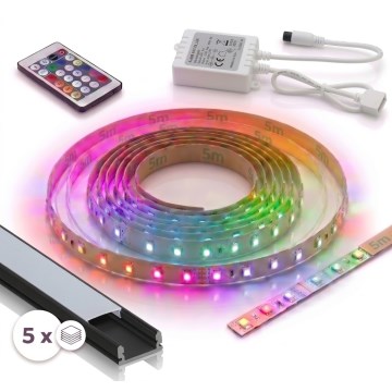 SÆT 1x dæmpbar LED RGBW-strip DIGITAL LED/16,5W/230V 5 m + 5x indbygningsprofil 1 m sort/hvid + fjernbetjening