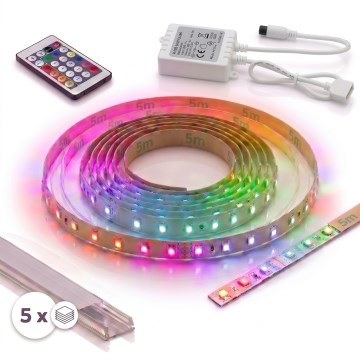 Sæt 1x dæmpbar LED RGBW-strip DIGITAL LED/16,5W/230V 5 m + 5x indbygningsprofil 1 m sølv/hvid + fjernbetjening