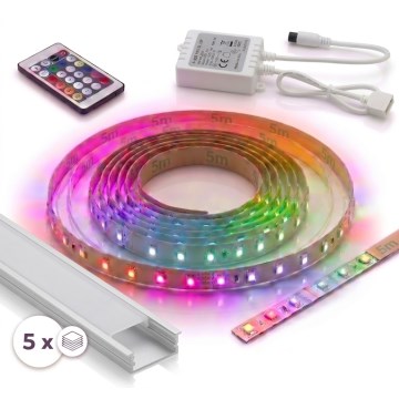 SÆT 1x dæmpbar LED RGBW-strip DIGITAL LED/16,5W/230V 5 m + 5x indbygningsprofil 1 m sølv/hvid + fjernbetjening