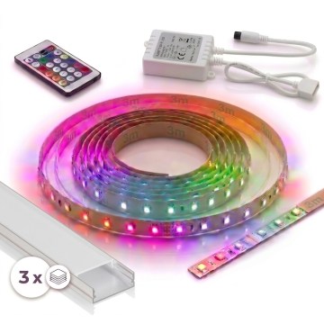 SÆT 1x dæmpbar RGBW LED-lysstribe DIGITAL LED/9,6W/230V 3 m + 3x indbygningsprofil 1 m sølv/hvid + fjernbetjening