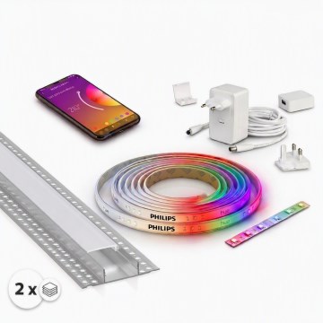 Sæt 1x dæmpbar RGBW LED-strip Philips Hue WHITE AND COLOR AMBIANCE LED/20W/230V 2 m + 2x indbygningsprofil 1 m sølv/hvid