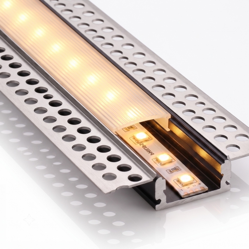 Sæt 1x LED-strip med bevægelsessensor FLEX LED/3,6W/4xAA 2 m + 2x indbygningsprofil 1 m sølv/hvid
