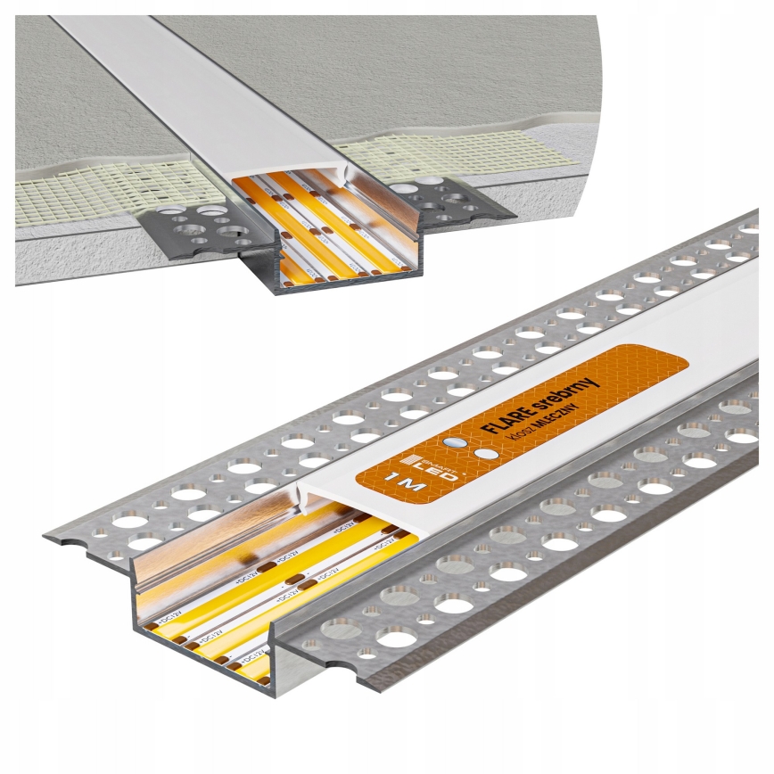 Sæt 1x LED-strip med bevægelsessensor FLEX LED/3,6W/4xAA 2 m + 2x indbygningsprofil 1 m sølv/hvid
