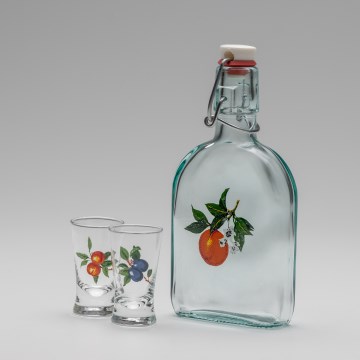 Sæt 1x glasflaske og 2x shotglas transparent med abrikosmotiv