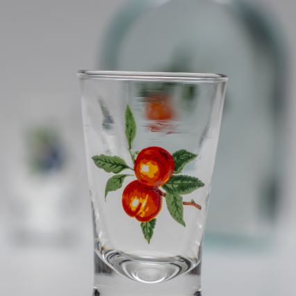 Sæt 1x glasflaske og 2x shotglas transparent med abrikosmotiv