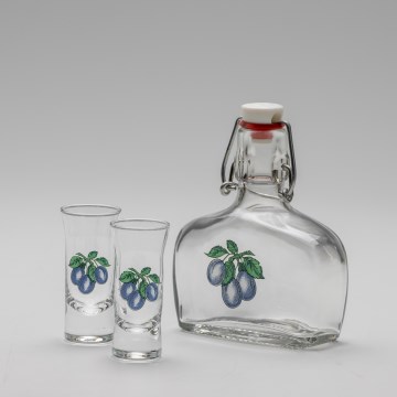 Sæt 1x glasflaske og 2x shotglas transparent med blommemotiv