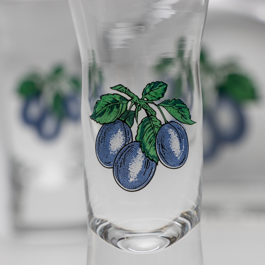Sæt 1x glasflaske og 2x shotglas transparent med blommemotiv