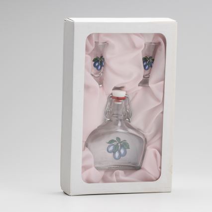 Sæt 1x glasflaske og 2x shotglas transparent med blommemotiv