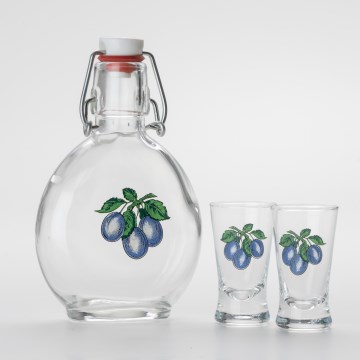 Sæt 1x glasflaske og 2x shotglas transparent med blommemotiv