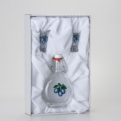 Sæt 1x glasflaske og 2x shotglas transparent med blommemotiv