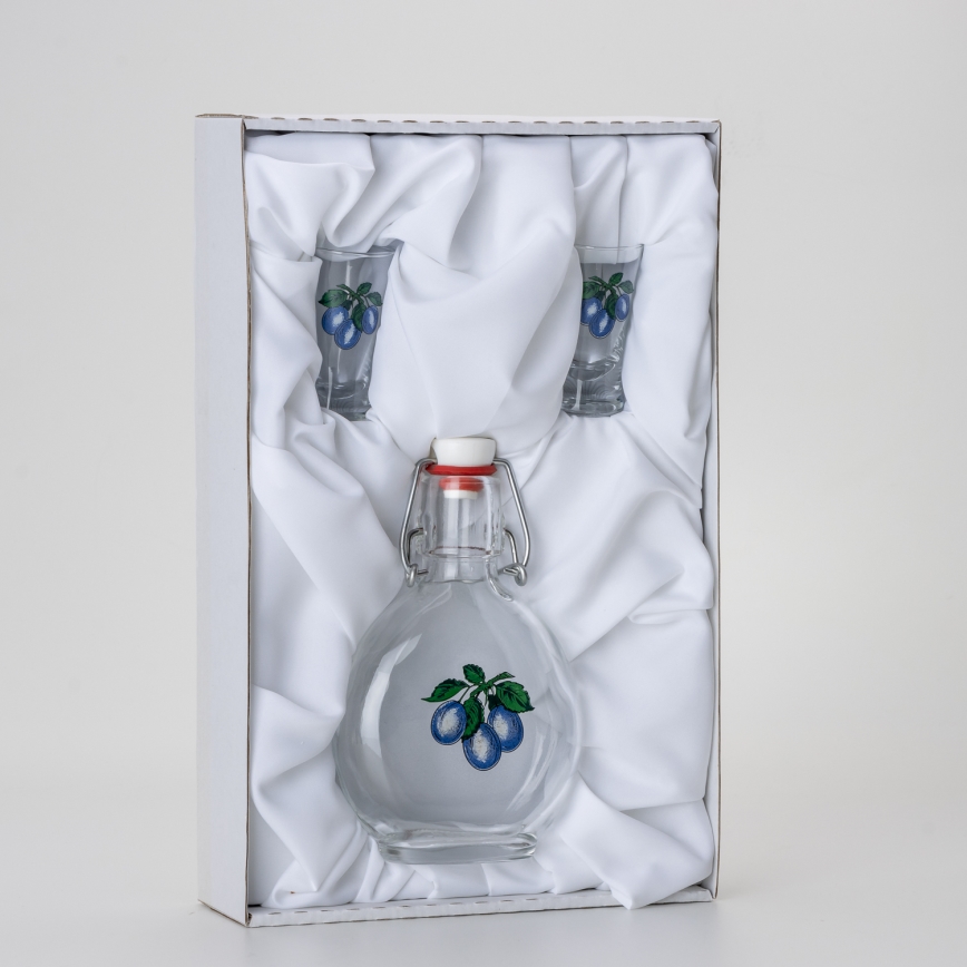 Sæt 1x glasflaske og 2x shotglas transparent med blommemotiv