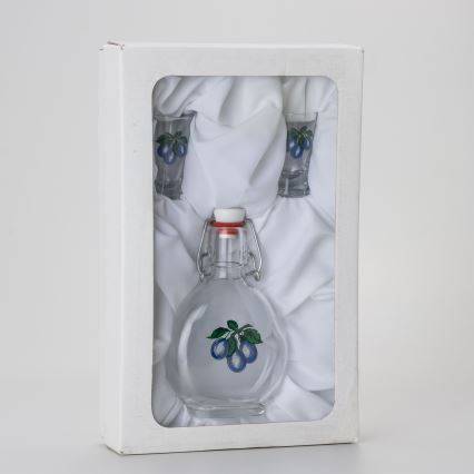 Sæt 1x glasflaske og 2x shotglas transparent med blommemotiv