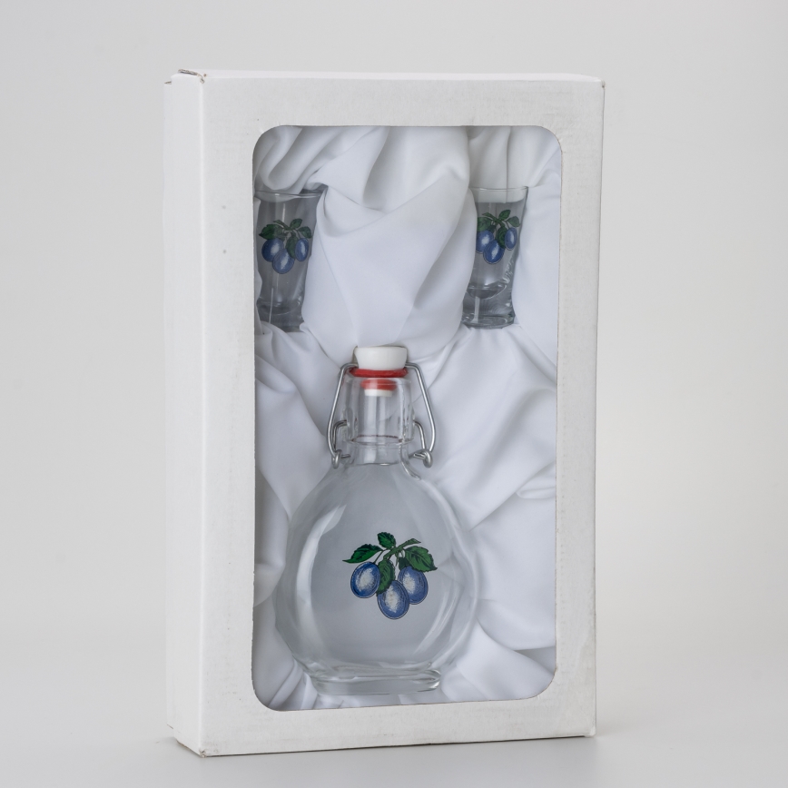 Sæt 1x glasflaske og 2x shotglas transparent med blommemotiv