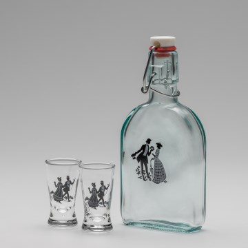Sæt 1x glasflaske og 2x shotglas transparent med dansemotiv