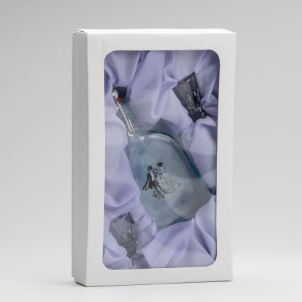 Sæt 1x glasflaske og 2x shotglas transparent med dansemotiv