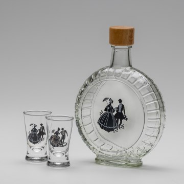 Sæt 1x glasflaske og 2x shotglas transparent med dansemotiv