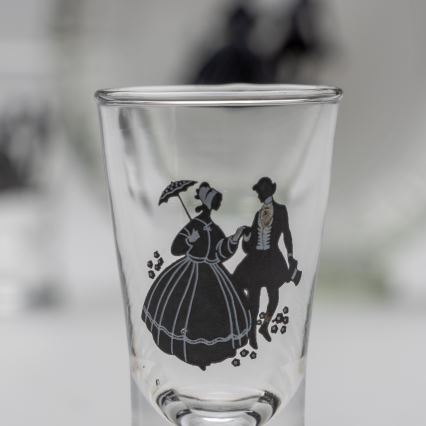 Sæt 1x glasflaske og 2x shotglas transparent med dansemotiv