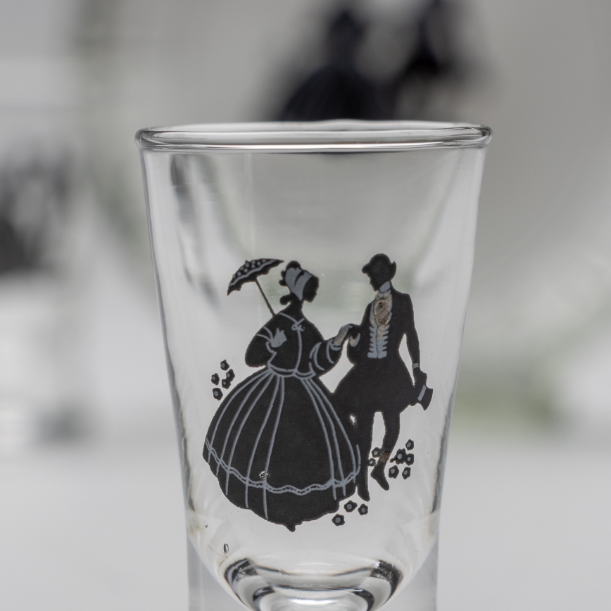 Sæt 1x glasflaske og 2x shotglas transparent med dansemotiv