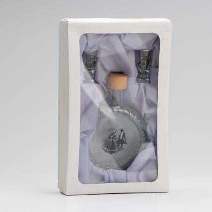Sæt 1x glasflaske og 2x shotglas transparent med dansemotiv