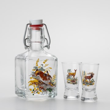 Sæt 1x glasflaske og 2x shotglas transparent med dyremotiv - hare