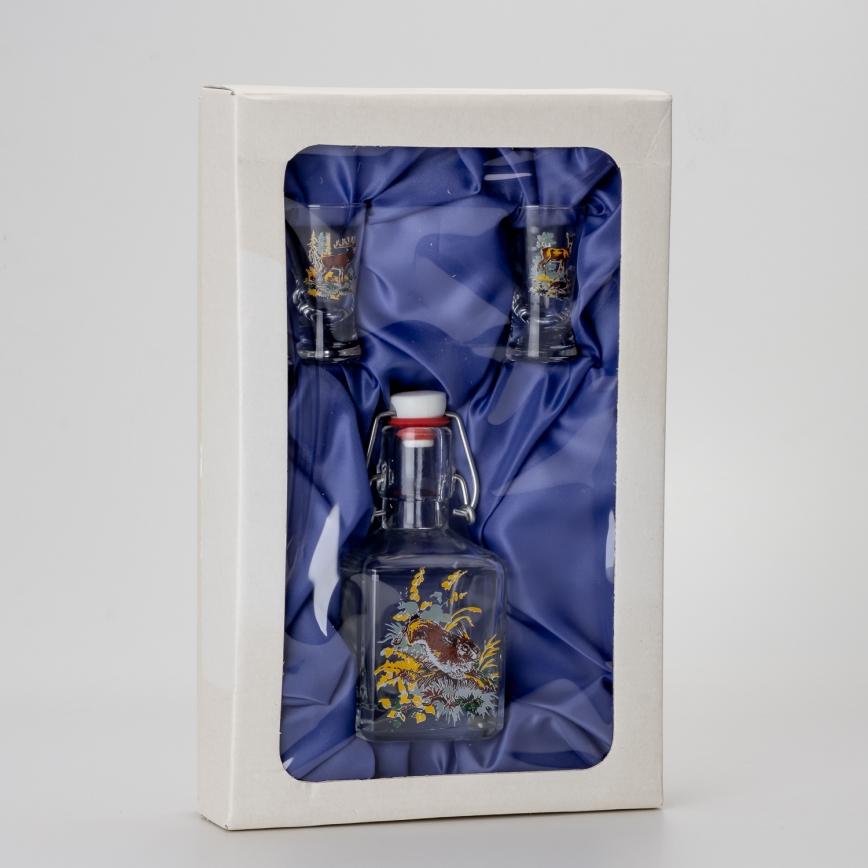 Sæt 1x glasflaske og 2x shotglas transparent med dyremotiv - hare