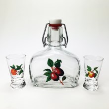 Sæt 1x glasflaske og 2x shotglas transparent med frugtmotiv