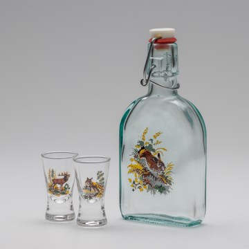 Sæt 1x glasflaske og 2x shotglas transparent med haremotiv