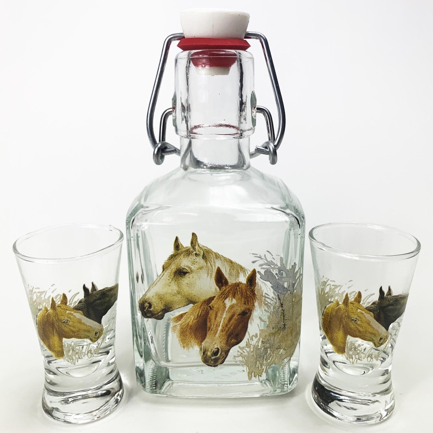 Sæt 1x glasflaske og 2x shotglas transparent med hestemotiv