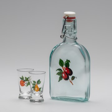 Sæt 1x glasflaske og 2x shotglas transparent med kirsebærmotiv