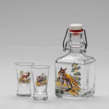 Sæt 1x glasflaske og 2x shotglas transparent med rævemotiv