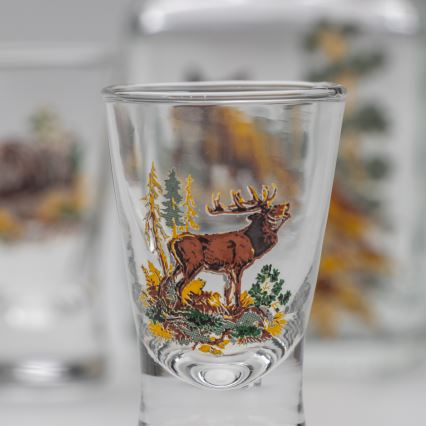 Sæt 1x glasflaske og 2x shotglas transparent med rævemotiv
