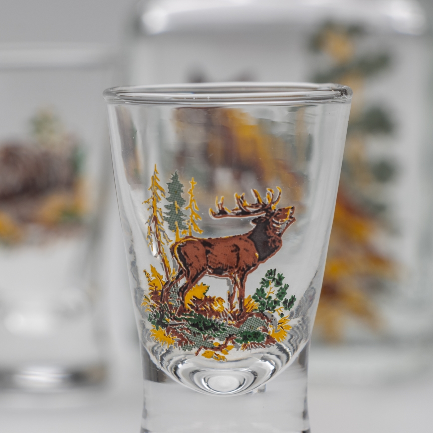Sæt 1x glasflaske og 2x shotglas transparent med rævemotiv