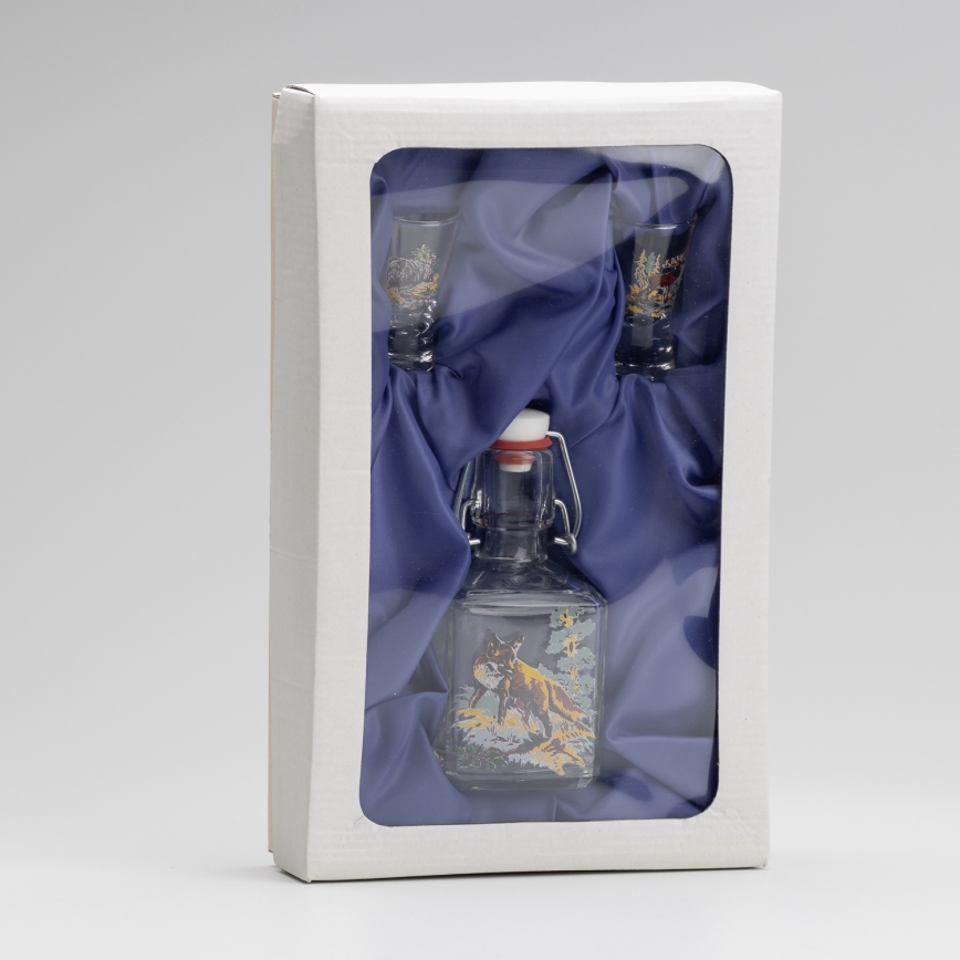 Sæt 1x glasflaske og 2x shotglas transparent med rævemotiv