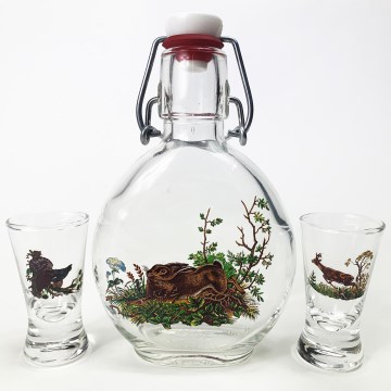 Sæt 1x glasflaske og 2x shotglas transparent med skovdyrsmotiv