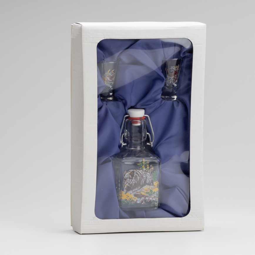 Sæt 1x glasflaske og 2x shotglas transparent med vildsvinemotiv
