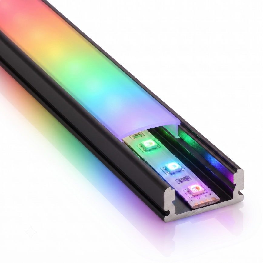 Sæt 1x RGBW LED-strip, dæmpbar, NEO LITE MUSIC LED/24W/230V, 5 m, IP65, Wi‑Fi Tuya + 5x indbygningsprofil 1 m, sort/hvid + fjernbetjening