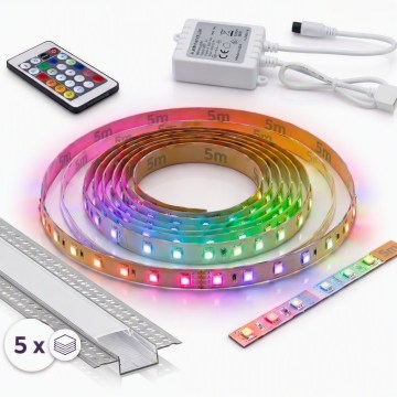 SÆT 1x LED RGBW dæmpbart DIGITAL LED/16,5W/230V 5 m + 5x indbygningsprofil 1 m sølv/hvid + fjernbetjening